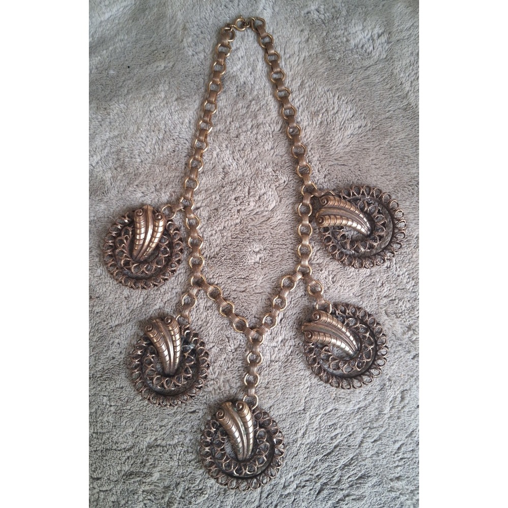 Vtg Etruscan Revival Bib Necklace Antique Brass Copper Tone Filigree Statement
